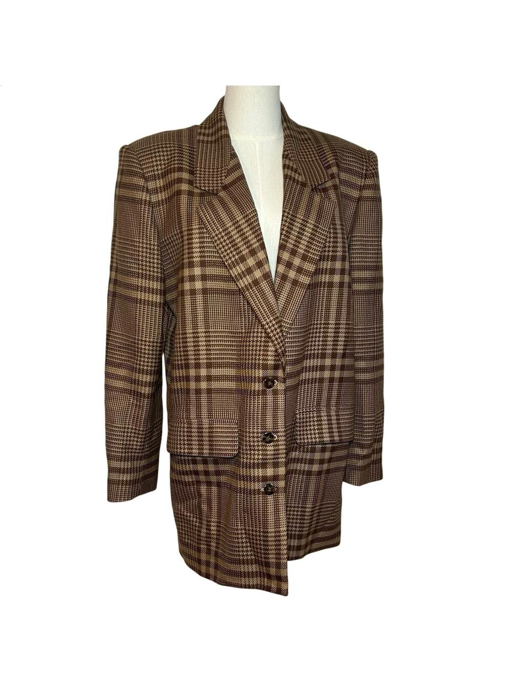 VTG 70s Liz Claiborne Wool Brown Plaid Blazer L Preppy Grunge Dark Academia